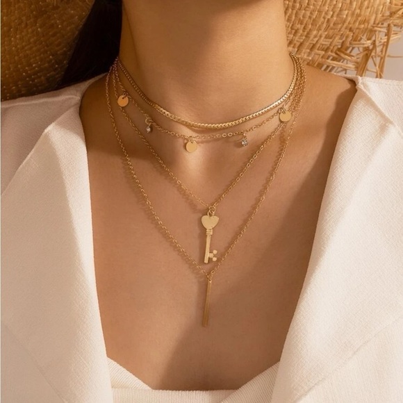 Gold Key & Bar Layered Necklace - Picture 1 of 3